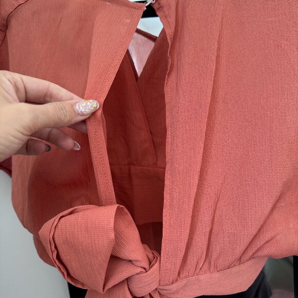 Chiffon Blouse Wrap Front V Neck Bow Tied Back Coral Color - Picture 4 of 4